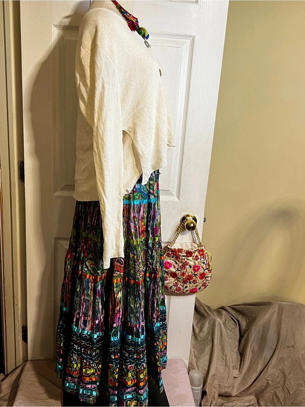 TravelSmith Wms Colorful Cotton Patchwork Tiered Paisley Boho Gypsy Maxi Skirt M